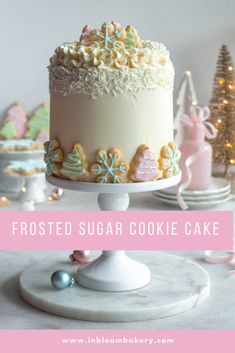 frosted sugar cookie cake on a white plate