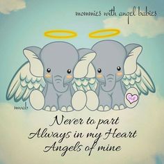 three elephants with angel wings sitting on top of each other in front of a blue sky