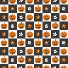 an orange and black checkered pattern with pumpkins on it's sides, one has a flower in the middle