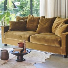 a living room with a brown couch and table in front of large windows, along with potted plants