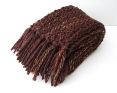 HAND KNIT in USA: Classic Scarf with Fringes in Warm Blend of Lamb's Wool and Easy-Care Acrylic.  ♥ Soft, Floppy, Cozy SUPER WARM. ♥ Great textured knit. ♥ Lovely Sequoia color: warm brown with red, gray, yellow undertones! WOW! Fiber Detail: 80% Acrylic, 20% Wool SIZE: about 70 inches long; 5 inches wide; 4 inches long fringes 💖Each piece in my collection is an original design, knit one stitch at a time, without the use of looms or machines. CARE: Machine washable & dryable! But I always recom Brown Knitted Scarf, Long Fringes, Fringe Scarf, Warm Brown, Textured Knit, Original Design, Yarn Colors, Acrylic Yarn, Scarf Wrap