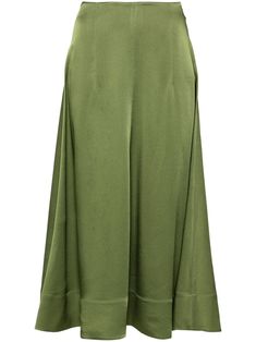 moss green satin finish dart detailing below-knee length unlined concealed side zip fastening Luxury Fitted Green Draped Skirt, Luxury Green Lined Skirt, Luxury Lined Green Skirt, Luxury Green Silk Skirt, Green A-line Skirt With Gathered Details, Midi Flare Skirt, Yoko London, City Dress, Van Cleef Arpels