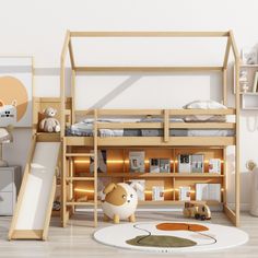 a child's bedroom with bunk beds and toys