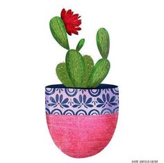 a painting of a cactus in a pink and blue pot with a red flower on top