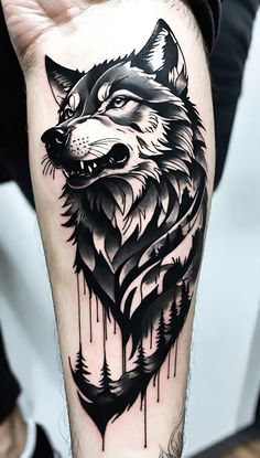 a man's arm with a wolf tattoo on it