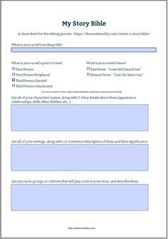 the story bible worksheet is shown in this image, it shows an open page with