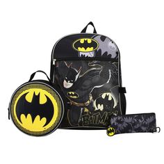 Show up to school with the best fan accessories for your favorite superhero when you get this DC comic book Batman symbol 5-piece black backpack fan accessory set! The DC comic book Batman fan accessory set is a 5-piece backpack bag set made of 600D, PVC, and 210D Nylon Lining and includes a backpack with adjustable straps, an insulated lunch bag, a rubber molded keychain, a utility case, and a carabiner. The DC comic book Batman fan merchandise features bold Batman artwork with bright yellow Ba Comic Book Batman, Batman Backpack, Batman Merchandise, Kids Umbrellas, Batman Kids, Batman Symbol, Superhero Batman, Tech Bag, Batman Artwork