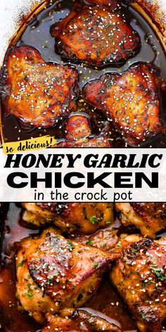 honey garlic chicken in the crock pot with text overlay that reads, honey garlic chicken in the crock pot