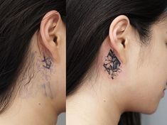 two pictures of a woman's neck with tattoos on her upper and lower ear