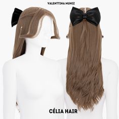 an image of a female mannequin with long brown hair and black bows on her head