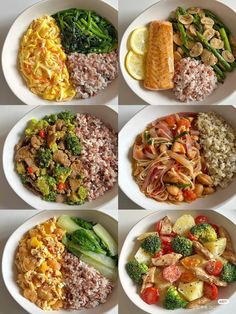 six different bowls filled with different types of food