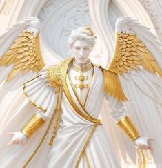 a statue of an angel with gold wings on it's chest and arms outstretched