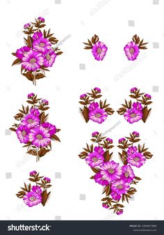 pink flowers with green leaves and brown stems on a white background stock photo edit now