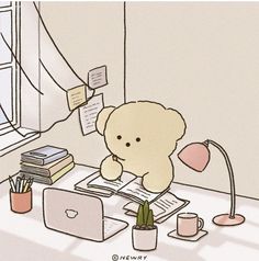 a teddy bear sitting at a desk reading a book