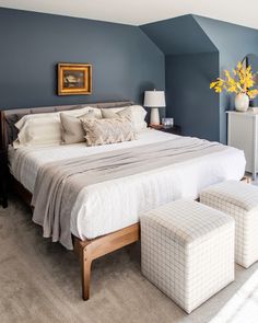 a bedroom with blue walls, white bedding and two stools in front of the bed