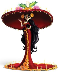 a mexican woman in a red dress and sombrero with candles on the table