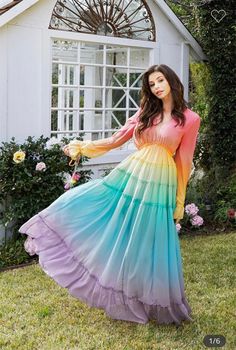 Pastel ombre tiered chiffon maxi dress. Slip on V neck Empire waist/ elasticized Relaxed fit Bubble sleeves Functional drawstring cuffs Skirt lining Billowy hemline Imported Order ships within 24-48 hours Timeless Glamour, Rainbow Ombre, Rainbow Wedding, Rainbow Outfit, Ombre Dress