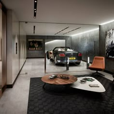 a living room filled with furniture and a car