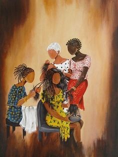 an oil painting of three women sitting at a table with one woman combing her hair