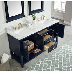 a bathroom with two sinks and mirrors on the wall next to a carpeted floor