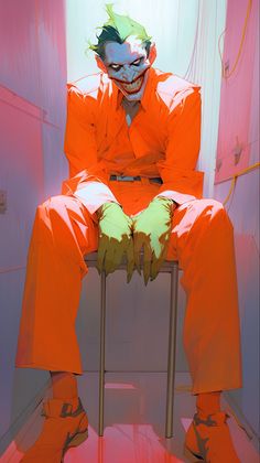 a man dressed as the joker sitting on a chair in an orange outfit with his legs crossed