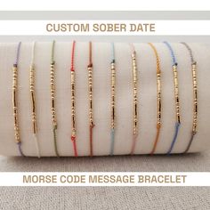 different types of bracelets are shown in this image and the text says, custom order date morse message bracelet