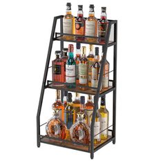 a metal shelf filled with lots of liquor bottles