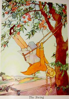 an illustration of a girl swinging on a swing set in the apple tree with apples hanging from it