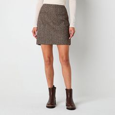 This a.n.a women's a-line skirt is the perfect addition to your fall wardrobe. Made from a woven herringbone patterned blend, this lined skirt has a concealed back zip and hook-and-eye closures and a flat front waist. Wear it with a turtleneck or blouse and ankle boots. Front Style: Flat FrontClosure Type: Zipper, Hook & EyeClosure Location: BackPockets: 2 Front Faux PocketsRise: At WaistApparel Length: 16.75 InchesFiber Content: 80% Polyester, 10% Wool, 10% Other 5% Or LessFabric Description: W Winter Skater Skirt Outfit, Mini Skirts For Older Women, Fall Mini Skirts, Business Casual Skirt Outfits, Winter Mini Skirt Outfit, Womens Suede Skirt, Fall Skirt Outfits With Boots, Skirt Outfits With Boots, Mini Skirt Outfit Winter