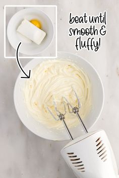 a bowl filled with cream next to an egg beater