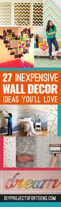 an advertisement for wall decor that is very colorful and has the words 27 expensive wall decor ideas you'll love