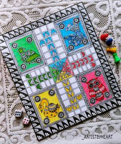 a close up of a board game on a lace table cloth with dices and beads