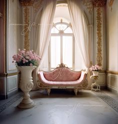 a pink couch sitting in front of a window next to a vase filled with flowers