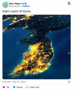 an image of the night lights of korea taken from space on instagram, with caption