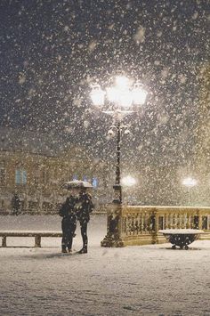 two people are standing under an umbrella in the snow near a bench and lamp post