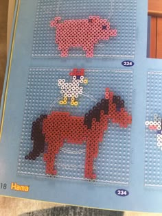 the cross stitch pattern shows three different horses, one red and one black with white dots