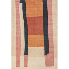 an orange, red and black rug with vertical stripes on the bottom half of it