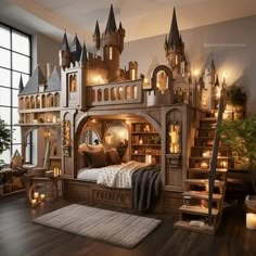 a bedroom with a castle bed and stairs