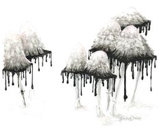 three sheep standing in the snow covered ground with dripping black and white paint on them