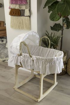 Boho setting with handwoven Moses basket and white eyelet bedding set on a modern Moses basket stand - ready for baby and nursery Eyelet Bedding, Moses Basket Bedding, Nursery Bassinet, Basket Stand, Baby Moses, Baby Moses Basket, Baby Baskets, Designer Bedding Sets, Baby Bassinet