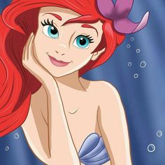 ariel from the little mermaid with blue eyes and red hair, looking at the camera