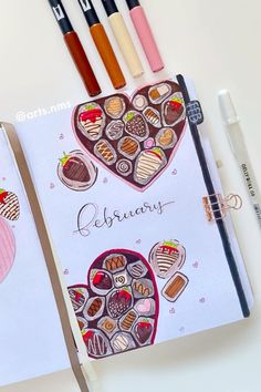 an open notebook with chocolates and hearts on it