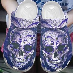 Boho Skull Crocs Shoes Purple Skull Crocbland Clog Gifts For Men Women Lightweight construction with breathable mesh fabric provides a comfortable and flawless fit. Sugar Skull Tattoo, Skull Girl Tattoo, Purple Skull, Black And White Roses, Skull Shoes, Crocs Clog, Sugar Skull Tattoos, Shoes Purple, Crocs Clogs