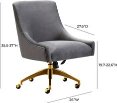 a gray office chair with gold wheels and measurements