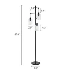 the floor lamp has three lights on each side and is shown with measurements for it