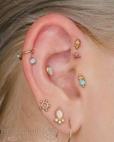 a close up of a person's ear with different types of piercings on it