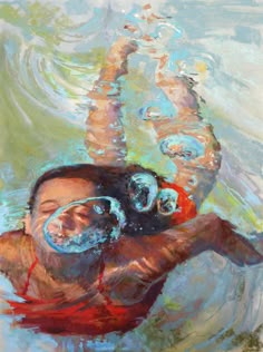 an oil painting of a man swimming in the water with goggles on his head