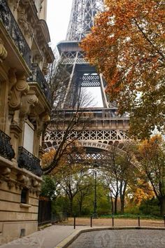 the eiffel tower in paris, france is surrounded by trees with orange leaves