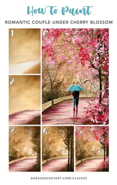 couple walking on a rainy path with a blue umbrella under pink cherry blossom flowers and trees landscape acrylic painting on canvas Serene Paintings, Painting Classes Step By Step, How To Paint Rain, Rainy Painting, How To Paint Water, Rain Painting, Painting Courses, Canvas Painting Tutorials, Painting Art Lesson