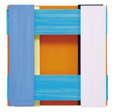 an abstract painting with blue, orange and yellow colors on the bottom half of it